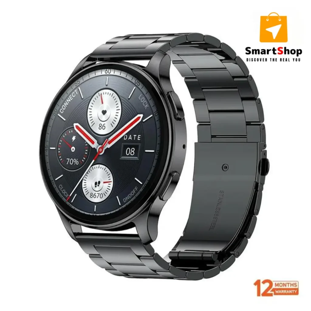 A modern smartwatch equipped with a heart rate monitor, ideal for tracking fitness and health metrics conveniently.